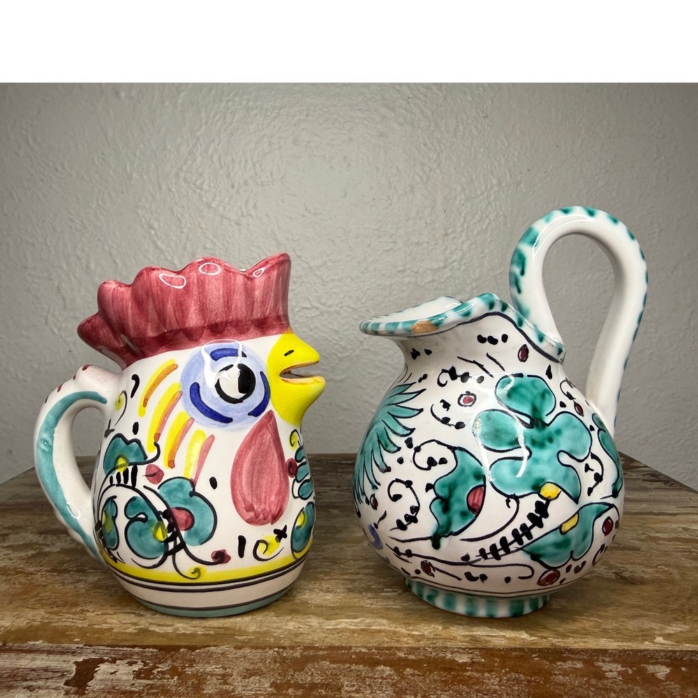 Italian Majolica Orvieto Rooster Mini Ceramic Creamer Pitchers Hand Painted